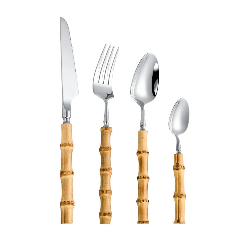 Bamboo Handle Cutlery Set - Stainless Steel Flatware with Natural Bamboo