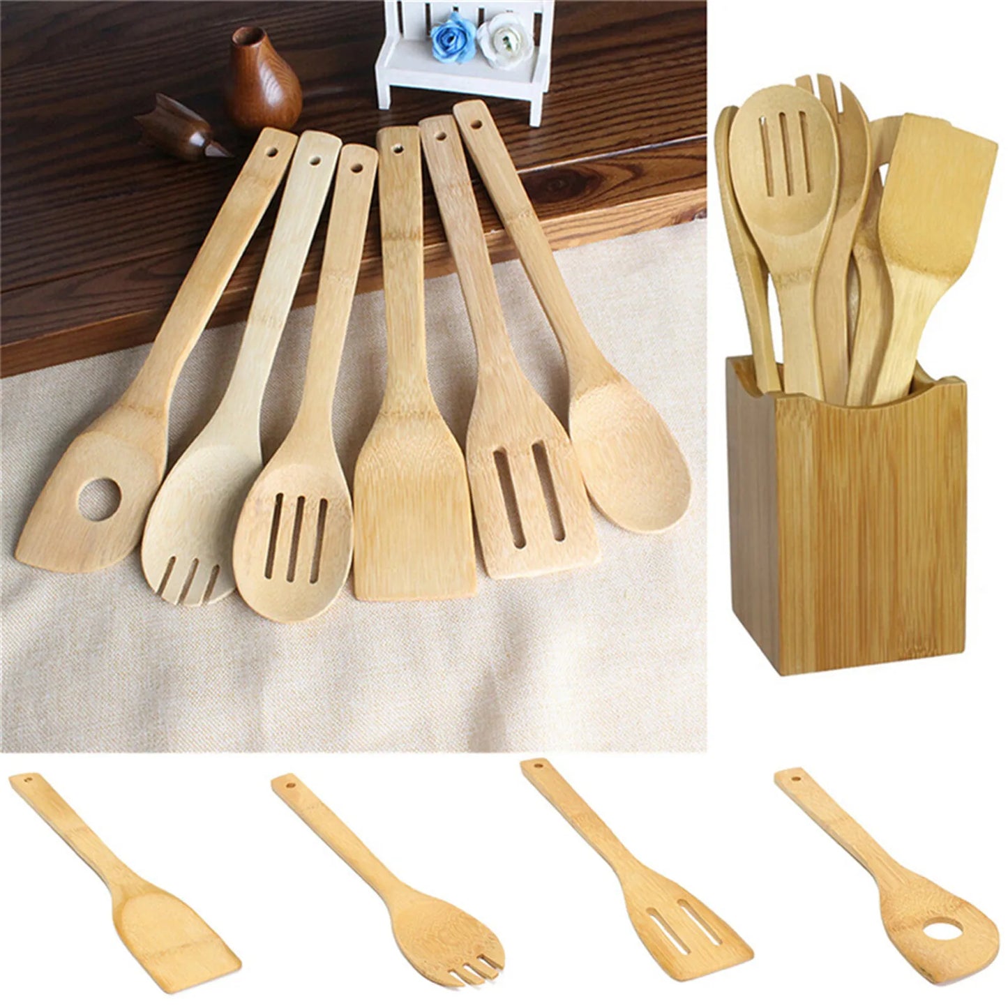 7 Piece Cooking Utensil Set | Wooden Spoons & Spatulas | Kitchen Tools