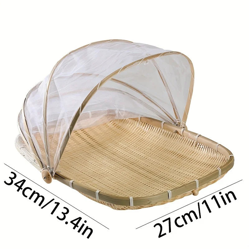 Handwoven Bamboo Serving Basket with Mesh Canopy – Round Picnic Tent for Dust-Free Storage, Perfect for Indoor & Outdoor Picnics