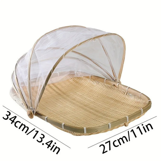 Handwoven Bamboo Serving Basket with Mesh Canopy – Round Picnic Tent for Dust-Free Storage, Perfect for Indoor & Outdoor Picnics