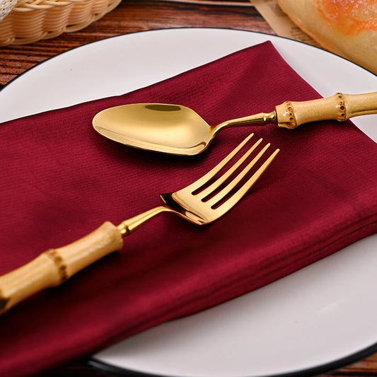 Bamboo Handle Cutlery Set - Stainless Steel Flatware with Natural Bamboo