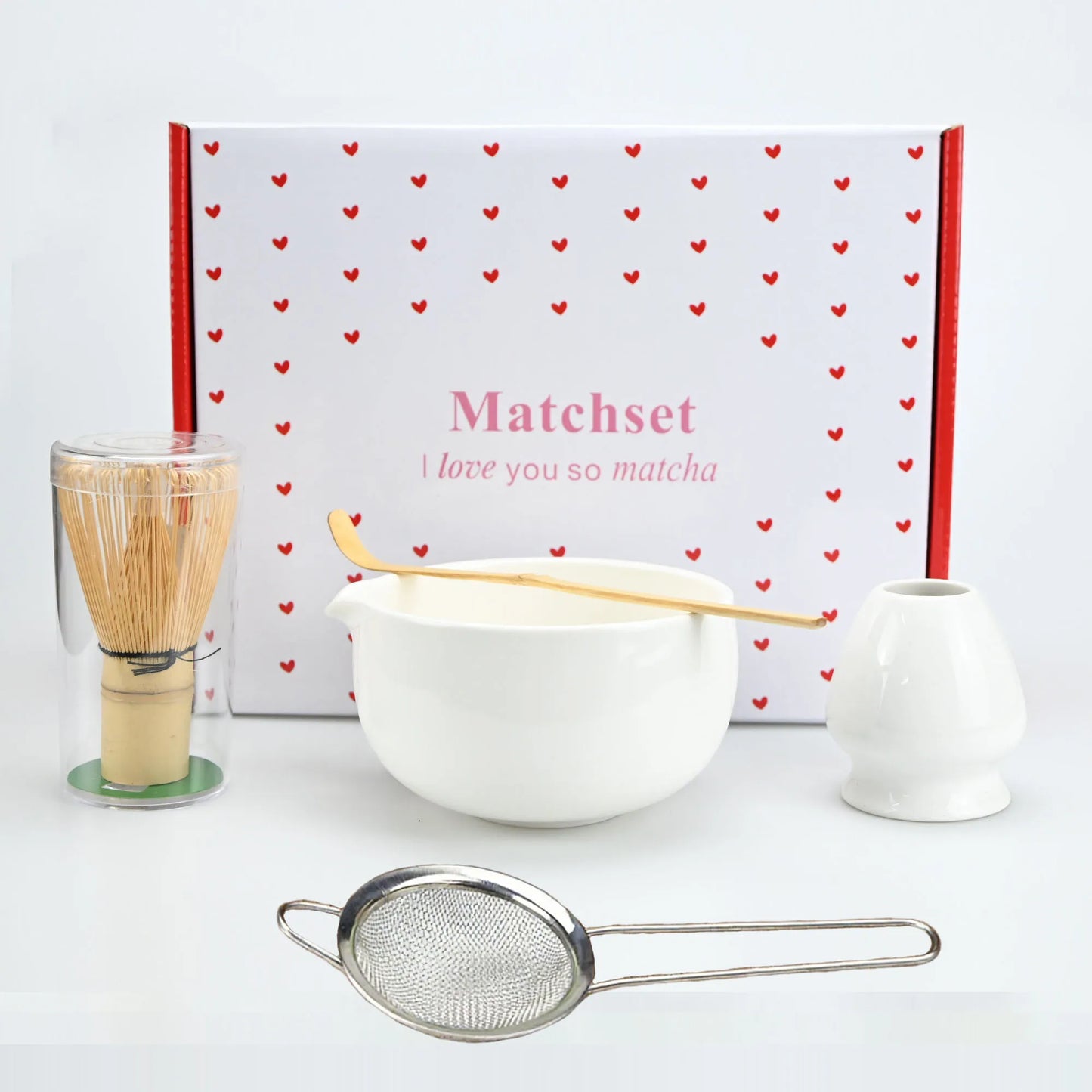 5pcs Matcha Whisk Set - Matcha Bowl and Bamboo Matcha Whisk, Tea Strainer, Scoop, Spoon, Sifter, Whisk Holder