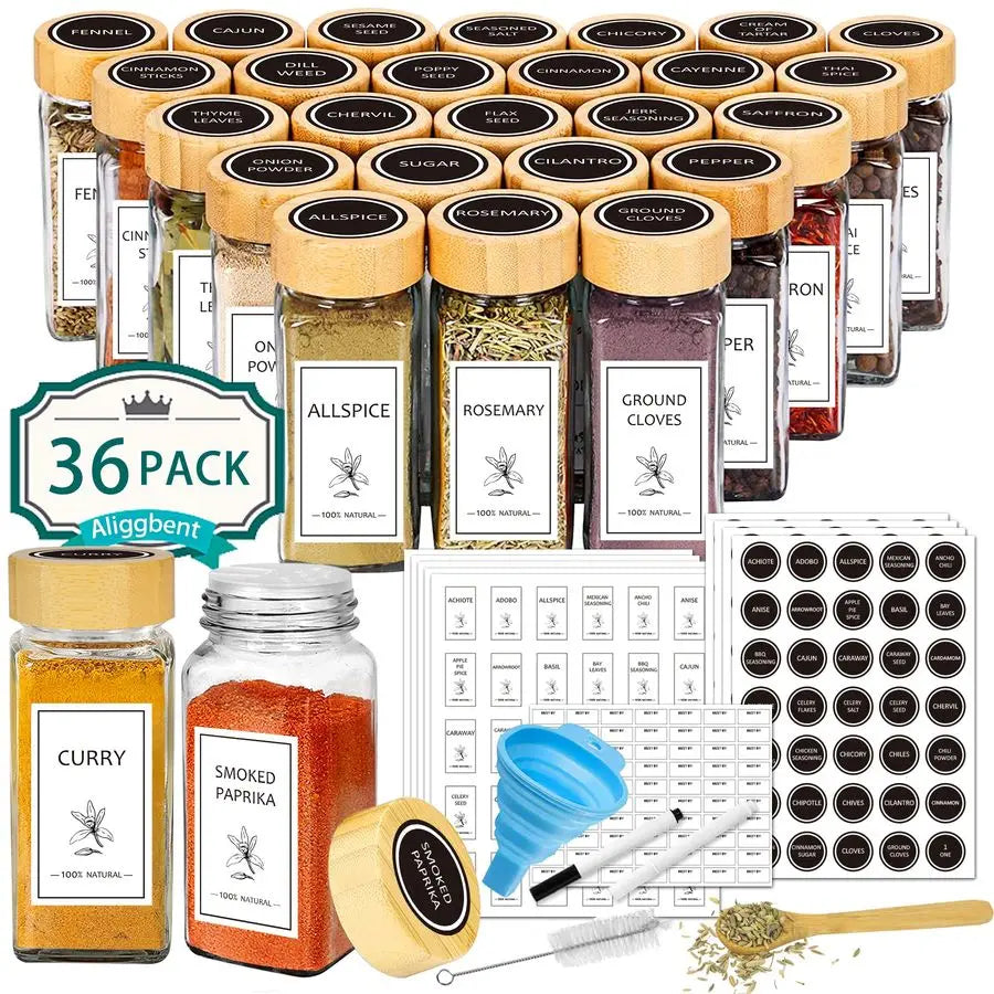 Spice Jars with Lable, 36 Pcs 4 oz Glass Spice Jars with Bamboo Lids, Spice Containers Bottles, Glass Seasoning Jars with Shake