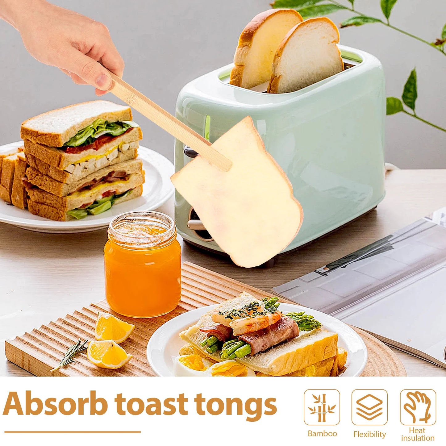 Bamboo Toaster Tong Set Easy to Use Magnet Bamboo Toast Utensil Accessories Sturdy Toaster Cooking Tongs Kit for Bread Bacon