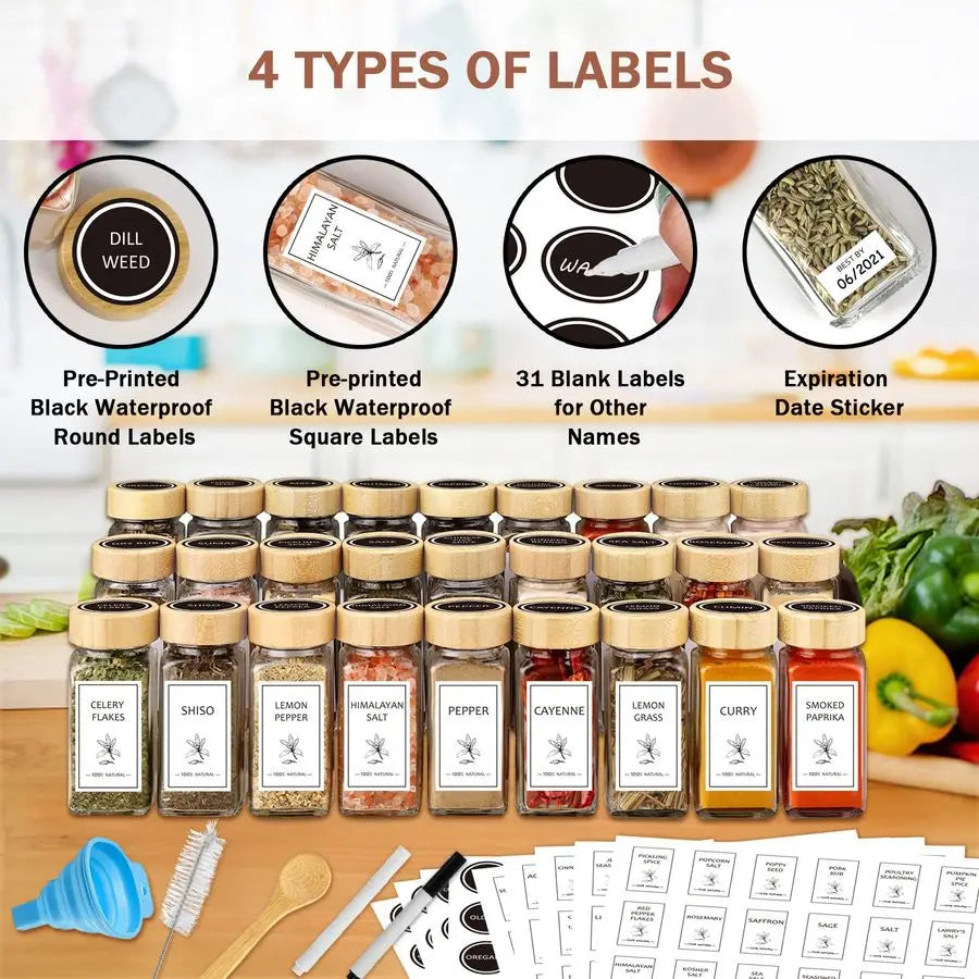 Spice Jars with Lable, 36 Pcs 4 oz Glass Spice Jars with Bamboo Lids, Spice Containers Bottles, Glass Seasoning Jars with Shake
