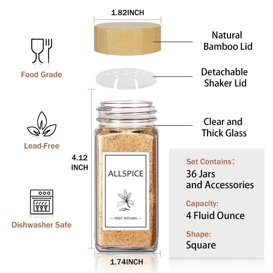 Spice Jars with Lable, 36 Pcs 4 oz Glass Spice Jars with Bamboo Lids, Spice Containers Bottles, Glass Seasoning Jars with Shake