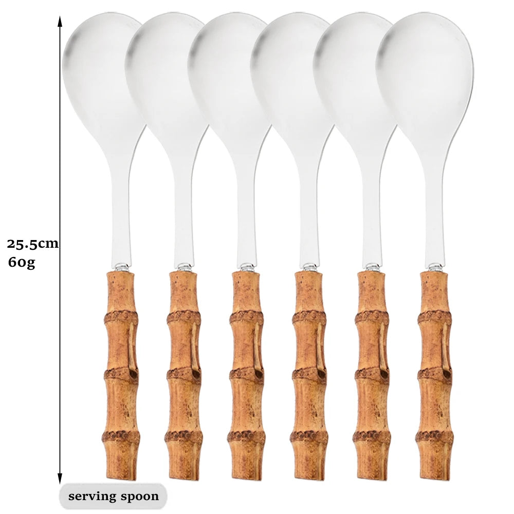Drmfiy 6Pcs Natural Bamboo Handle 304 Dinnerware Set Stainless Steel Cutlery Set Upscale Knife Dessert Fork Spoon Tableware Set