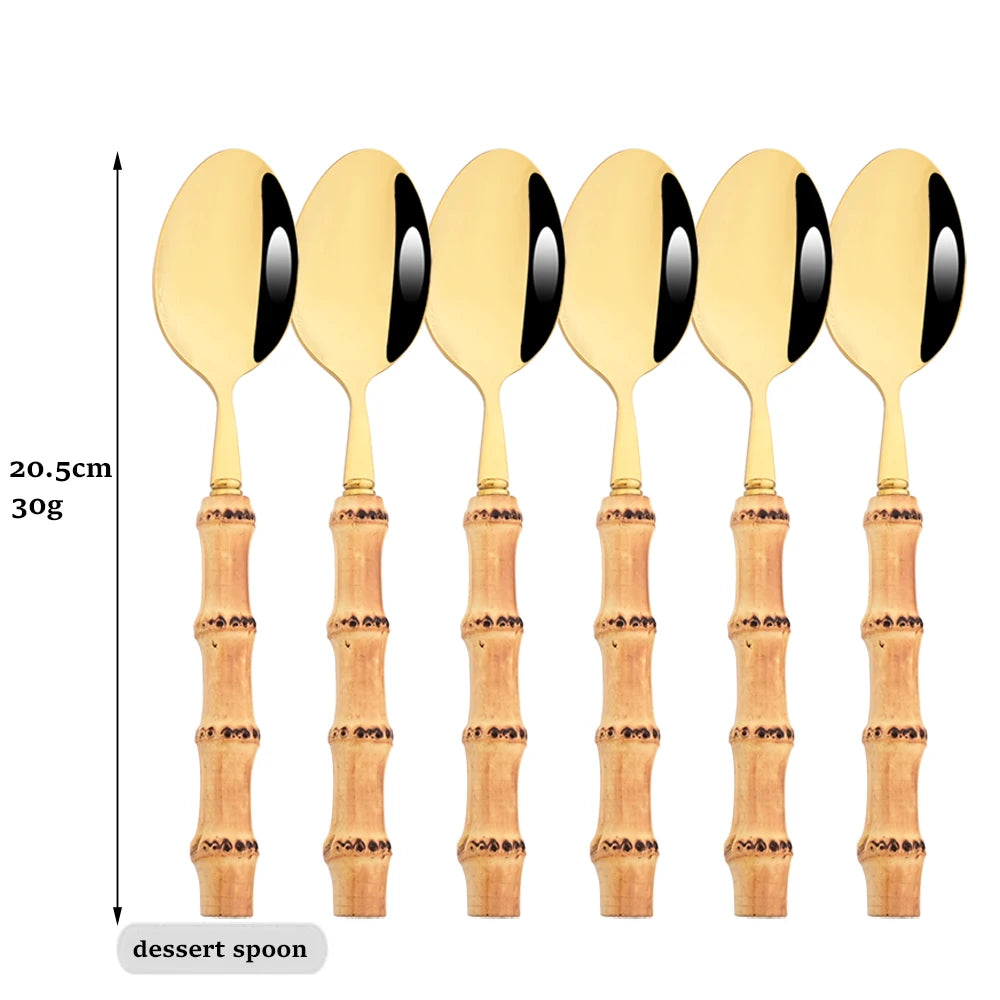 Drmfiy 6Pcs Natural Bamboo Handle 304 Dinnerware Set Stainless Steel Cutlery Set Upscale Knife Dessert Fork Spoon Tableware Set