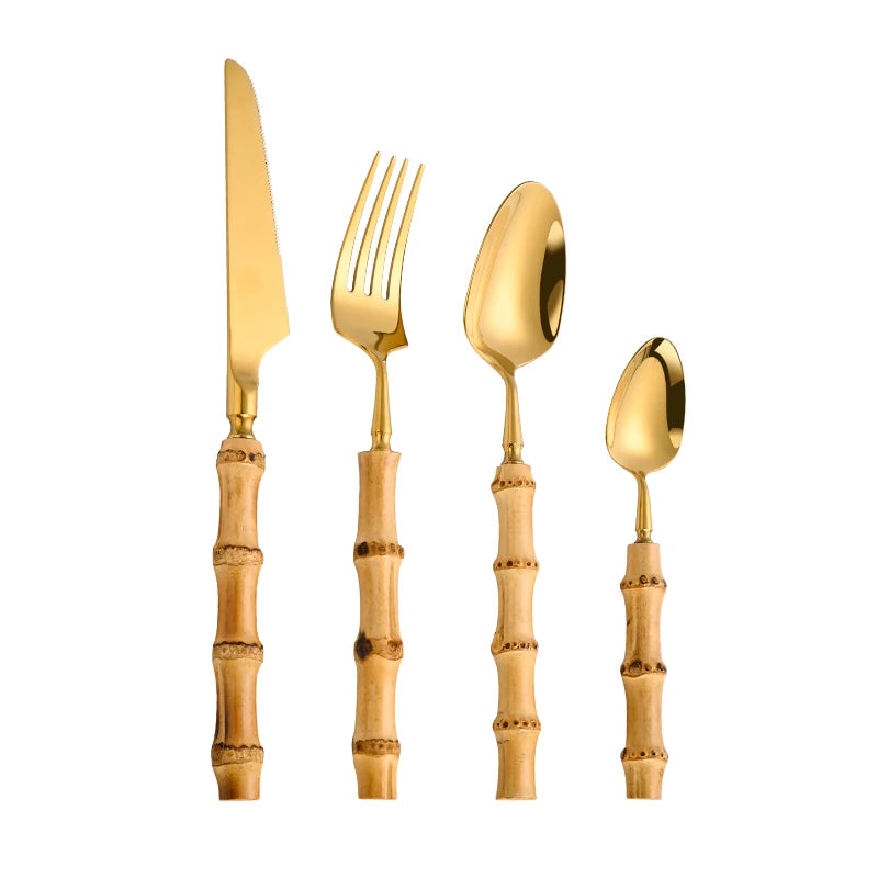 Bamboo Handle Cutlery Set - Stainless Steel Flatware with Natural Bamboo