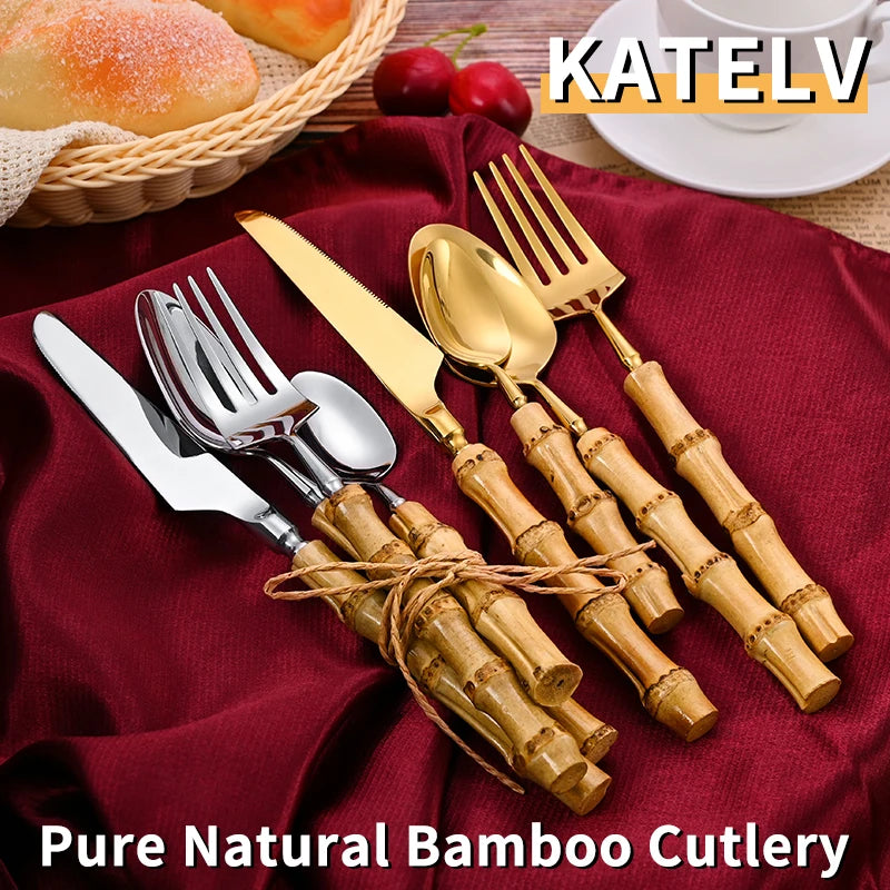 Bamboo Handle Cutlery Set - Stainless Steel Flatware with Natural Bamboo