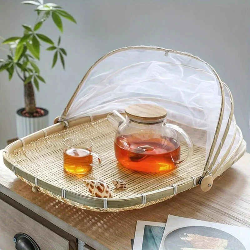 Handwoven Bamboo Serving Basket with Mesh Canopy – Round Picnic Tent for Dust-Free Storage, Perfect for Indoor & Outdoor Picnics