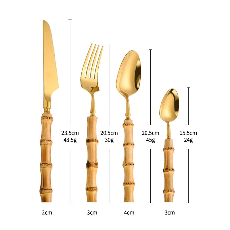 Bamboo Handle Cutlery Set - Stainless Steel Flatware with Natural Bamboo