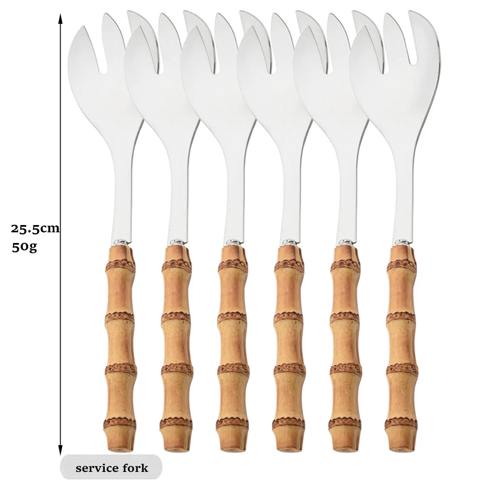 Drmfiy 6Pcs Natural Bamboo Handle 304 Dinnerware Set Stainless Steel Cutlery Set Upscale Knife Dessert Fork Spoon Tableware Set