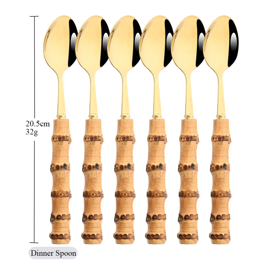 Drmfiy 6Pcs Natural Bamboo Handle 304 Dinnerware Set Stainless Steel Cutlery Set Upscale Knife Dessert Fork Spoon Tableware Set