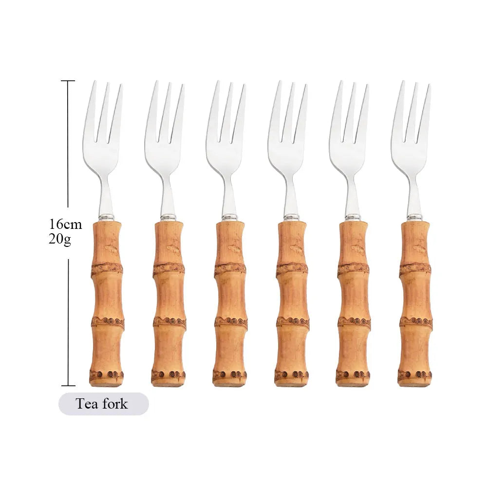 Drmfiy 6Pcs Natural Bamboo Handle 304 Dinnerware Set Stainless Steel Cutlery Set Upscale Knife Dessert Fork Spoon Tableware Set