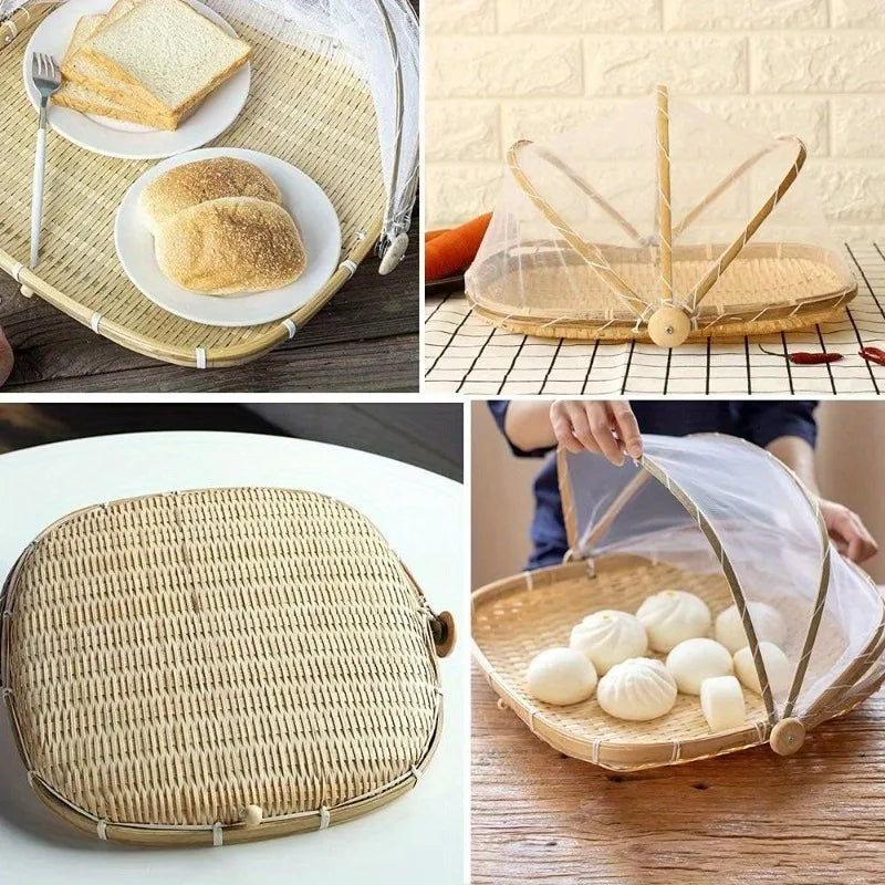 Handwoven Bamboo Serving Basket with Mesh Canopy – Round Picnic Tent for Dust-Free Storage, Perfect for Indoor & Outdoor Picnics
