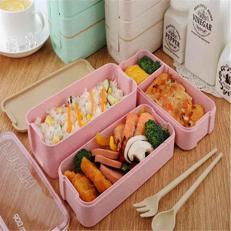 Eco-Friendly Wheat Straw Material 3 Layers 600ml Soup Box 900ml Lunch Box Bento Food Container Microwavable Dinnerware Lunchbox