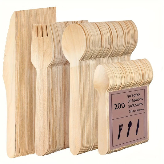 200 piece bamboo party tableware set with forks, spoons, and teaspoons