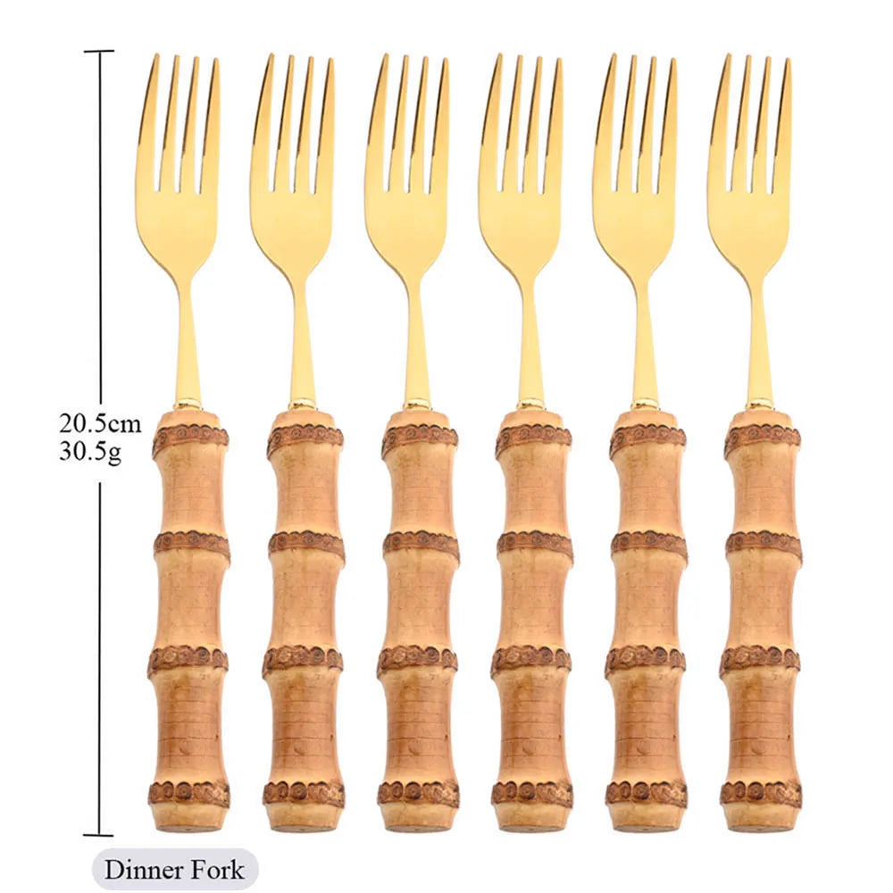 Drmfiy 6Pcs Natural Bamboo Handle 304 Dinnerware Set Stainless Steel Cutlery Set Upscale Knife Dessert Fork Spoon Tableware Set