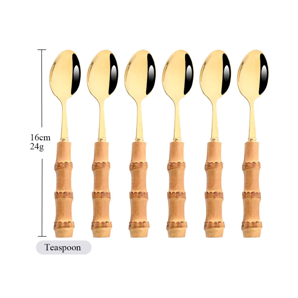 Drmfiy 6Pcs Natural Bamboo Handle 304 Dinnerware Set Stainless Steel Cutlery Set Upscale Knife Dessert Fork Spoon Tableware Set