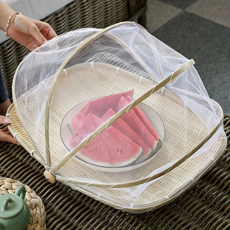 Handwoven Bamboo Serving Basket with Mesh Canopy – Round Picnic Tent for Dust-Free Storage, Perfect for Indoor & Outdoor Picnics
