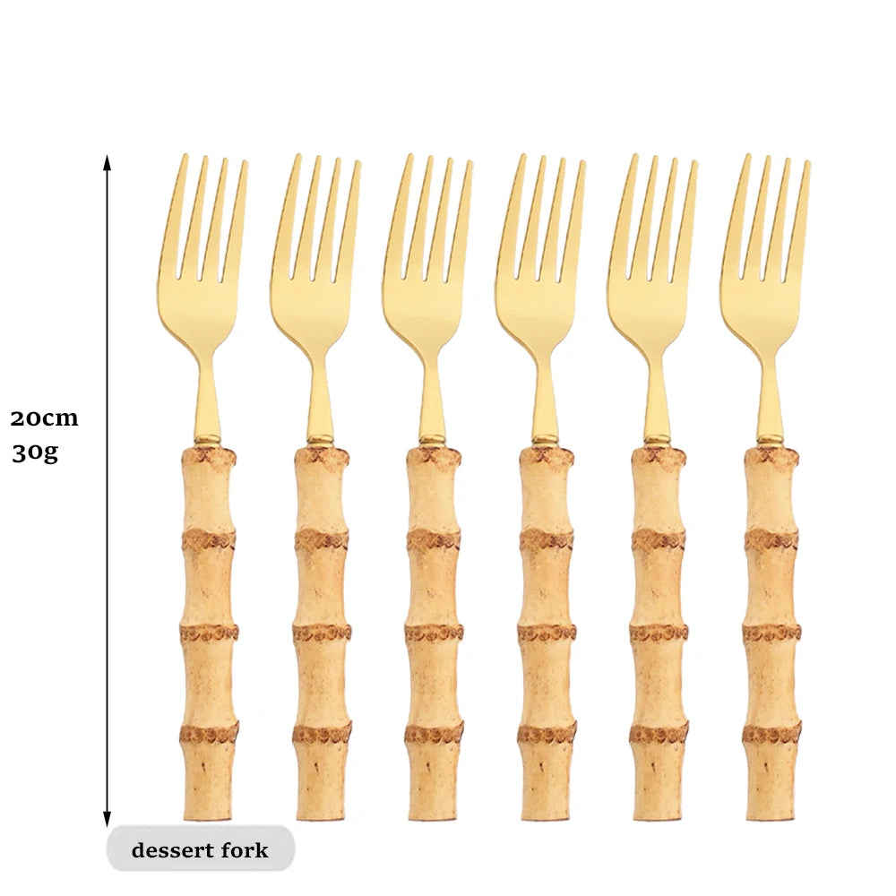 Drmfiy 6Pcs Natural Bamboo Handle 304 Dinnerware Set Stainless Steel Cutlery Set Upscale Knife Dessert Fork Spoon Tableware Set