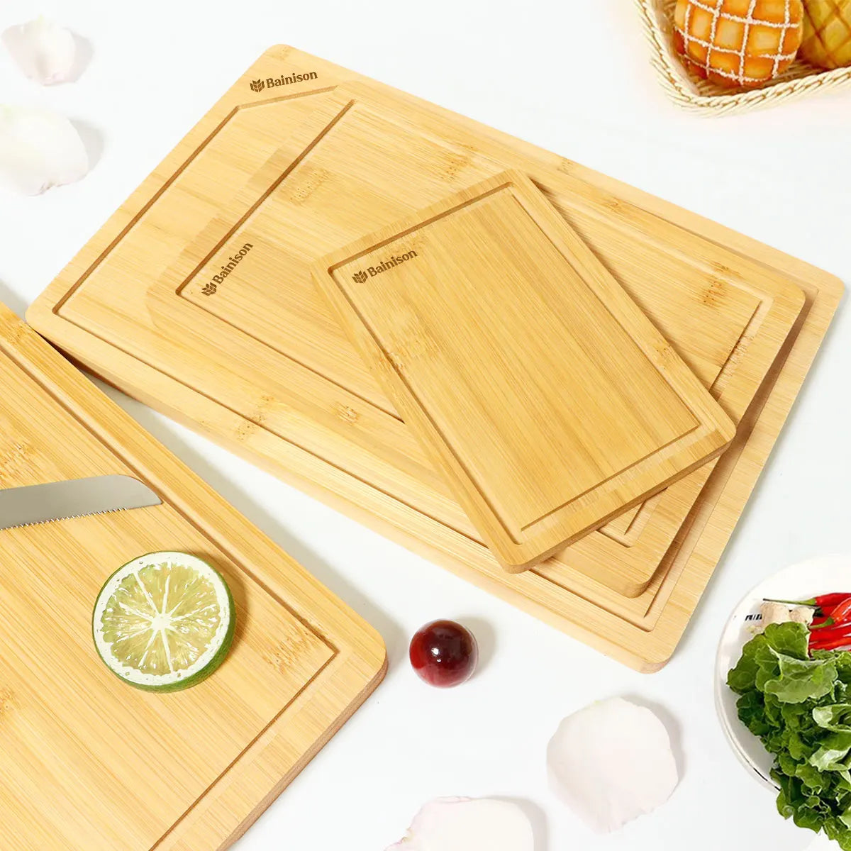 Eco-Friendly Kitchen Bamboo Cutting Board
Eco-friendly bamboo cutting board with juice groove on kitchen counter