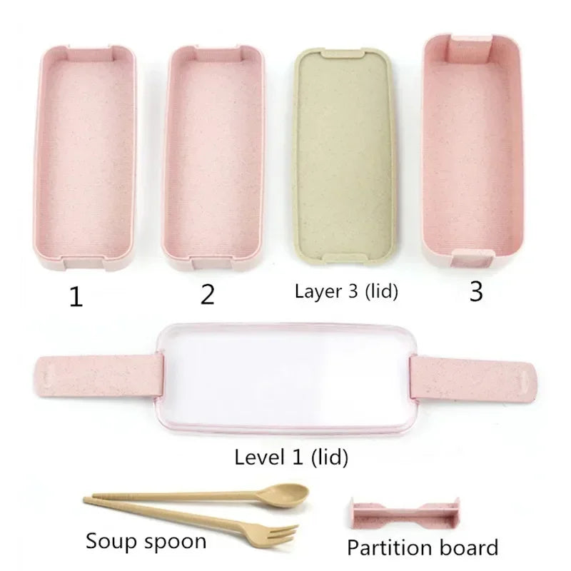 Eco-Friendly Wheat Straw Material 3 Layers 600ml Soup Box 900ml Lunch Box Bento Food Container Microwavable Dinnerware Lunchbox