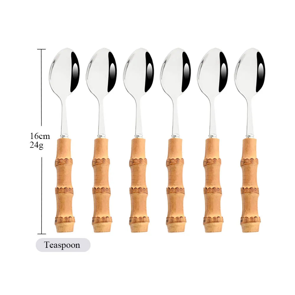 Drmfiy 6Pcs Natural Bamboo Handle 304 Dinnerware Set Stainless Steel Cutlery Set Upscale Knife Dessert Fork Spoon Tableware Set