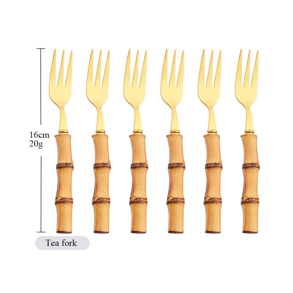 Drmfiy 6Pcs Natural Bamboo Handle 304 Dinnerware Set Stainless Steel Cutlery Set Upscale Knife Dessert Fork Spoon Tableware Set
