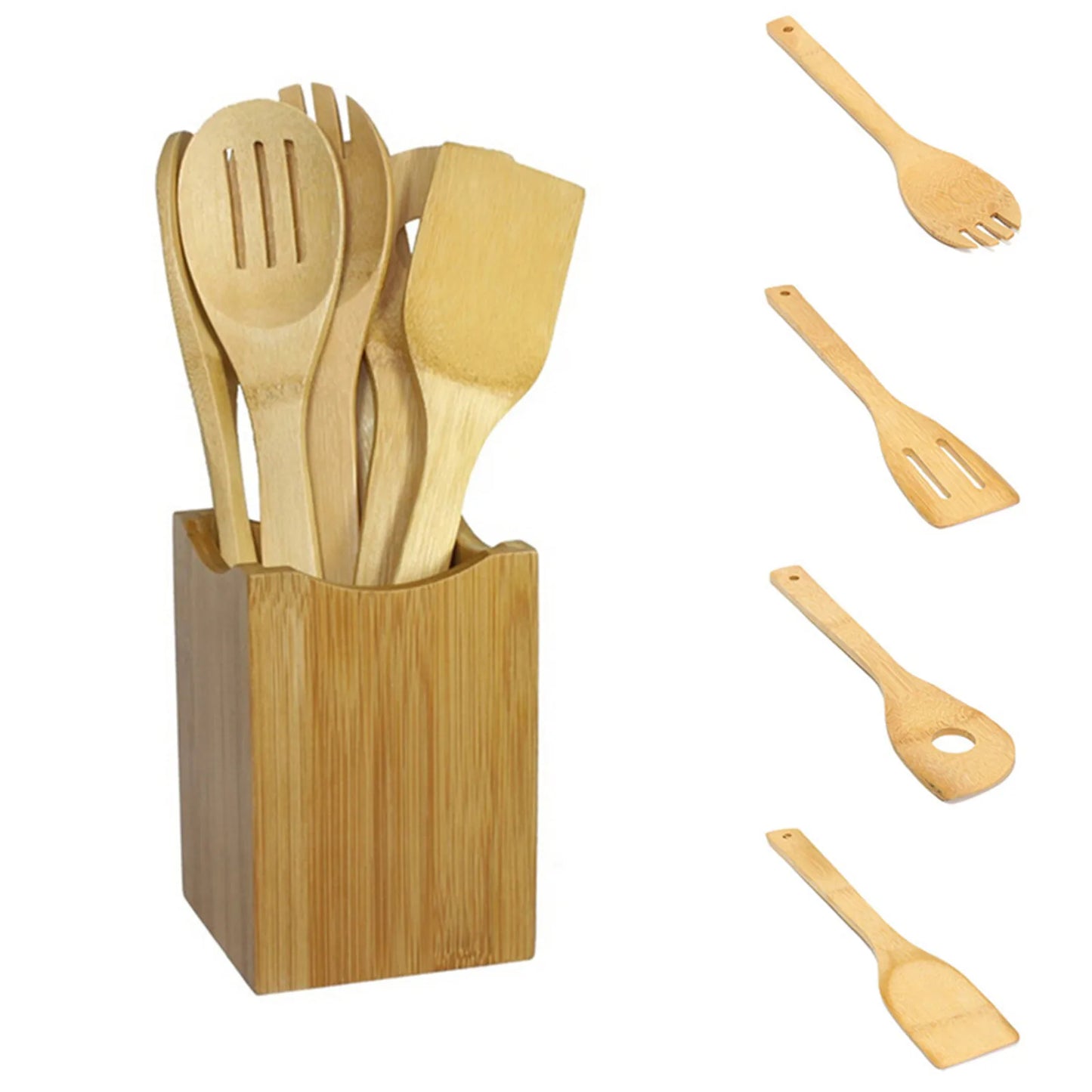 Seven piece wooden cooking utensil set with spoons and spatulas