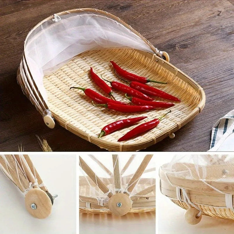 Handwoven Bamboo Serving Basket with Mesh Canopy – Round Picnic Tent for Dust-Free Storage, Perfect for Indoor & Outdoor Picnics