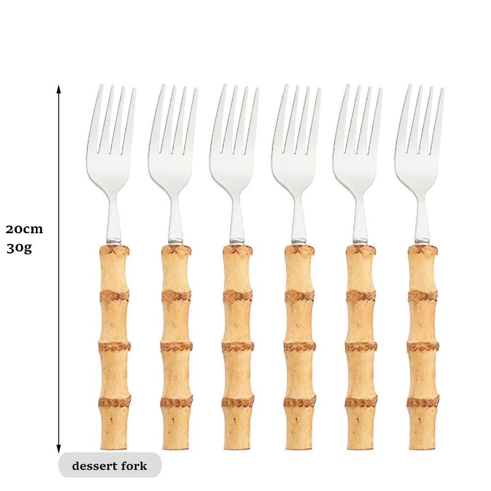 Drmfiy 6Pcs Natural Bamboo Handle 304 Dinnerware Set Stainless Steel Cutlery Set Upscale Knife Dessert Fork Spoon Tableware Set