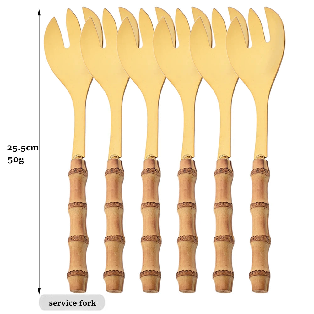 Drmfiy 6Pcs Natural Bamboo Handle 304 Dinnerware Set Stainless Steel Cutlery Set Upscale Knife Dessert Fork Spoon Tableware Set