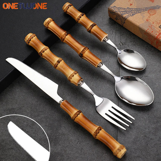 Sustainable bamboo cutlery set with knife, fork, and spoon