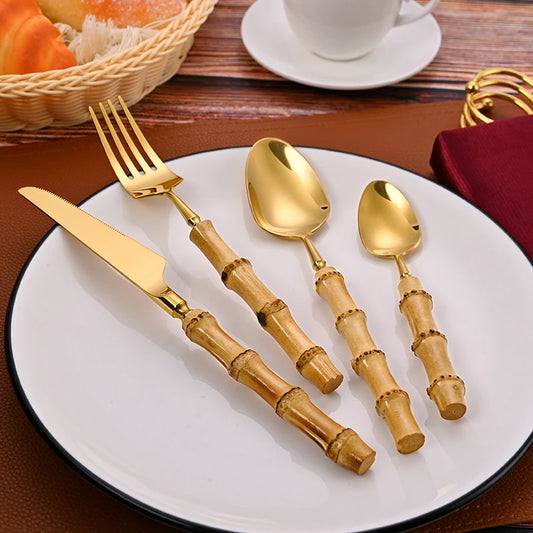 Bamboo handle cutlery set with stainless steel forks and spoons