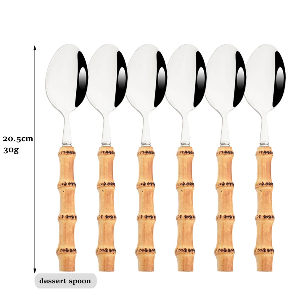 Drmfiy 6Pcs Natural Bamboo Handle 304 Dinnerware Set Stainless Steel Cutlery Set Upscale Knife Dessert Fork Spoon Tableware Set