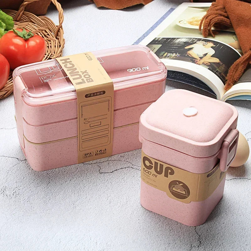 Eco-Friendly Wheat Straw Material 3 Layers 600ml Soup Box 900ml Lunch Box Bento Food Container Microwavable Dinnerware Lunchbox