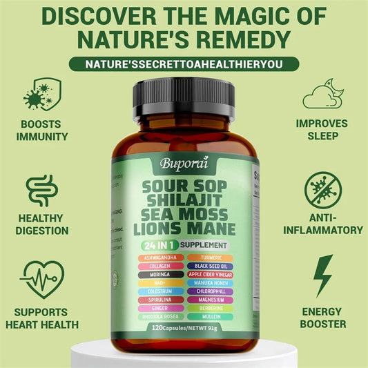 Soursop supplement capsules, 24-in-1 natural health booster