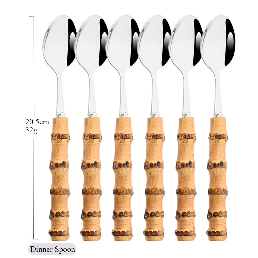 Drmfiy 6Pcs Natural Bamboo Handle 304 Dinnerware Set Stainless Steel Cutlery Set Upscale Knife Dessert Fork Spoon Tableware Set