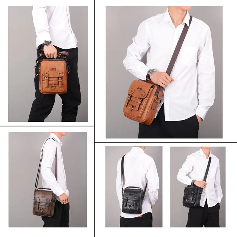 JEEP BULUO Premium Leather Messenger Bag - Multi-Function Business Crossbody Shoulder Bag for Men