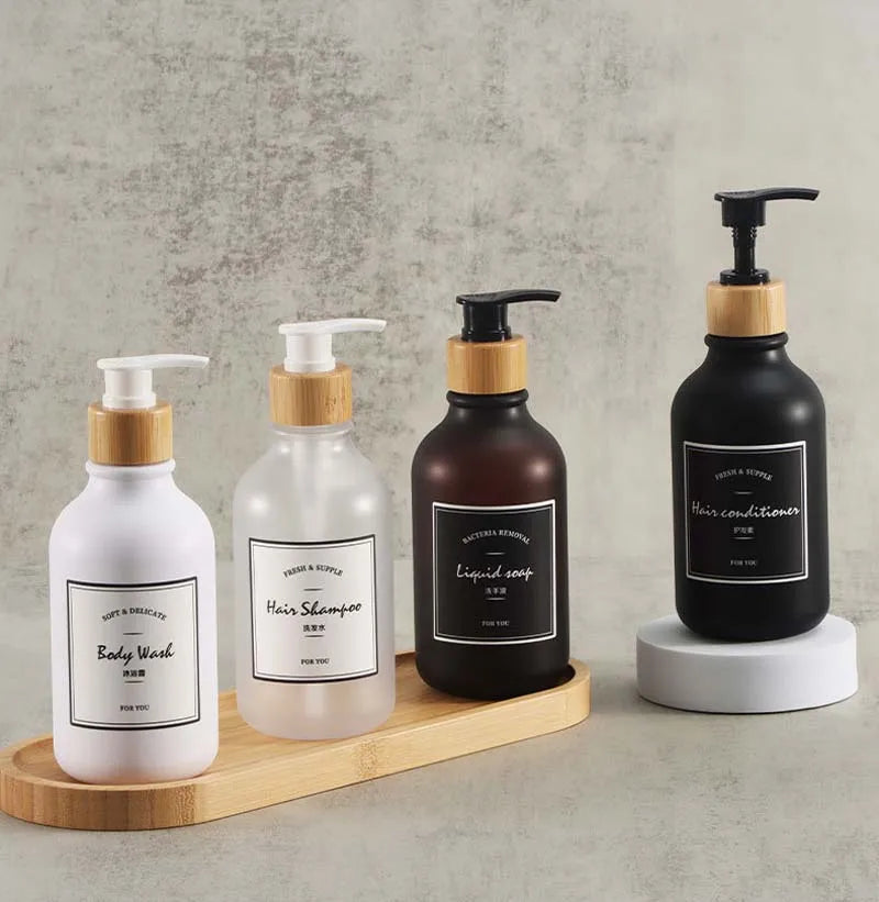 1PCS 300/500ML Bamboo Pump Dispenser Bathroom Shampoo Dish Soap Bottle Lotion Refillable Shower Gel Liquid Frosted Container