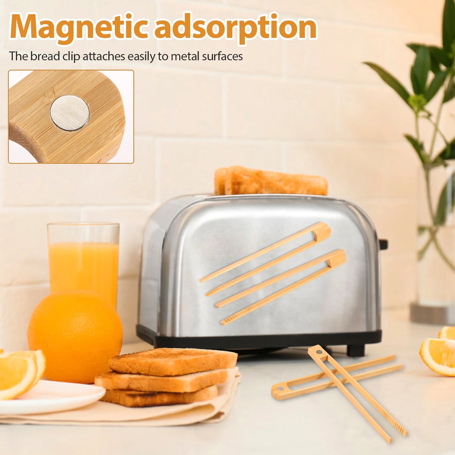 Bamboo Toaster Tong Set Easy to Use Magnet Bamboo Toast Utensil Accessories Sturdy Toaster Cooking Tongs Kit for Bread Bacon
