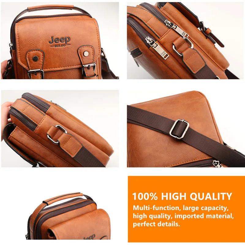JEEP BULUO Premium Leather Messenger Bag - Multi-Function Business Crossbody Shoulder Bag for Men