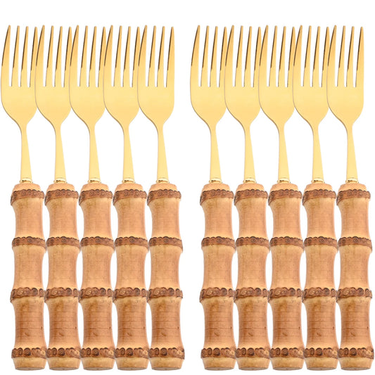 Drmfiy Gold Dinner Fork Cutlery Set Stainless Steel 4/6/10Pcs Fork Dinnerware Set Kitchen Western Bamboo Handle Tableware Set